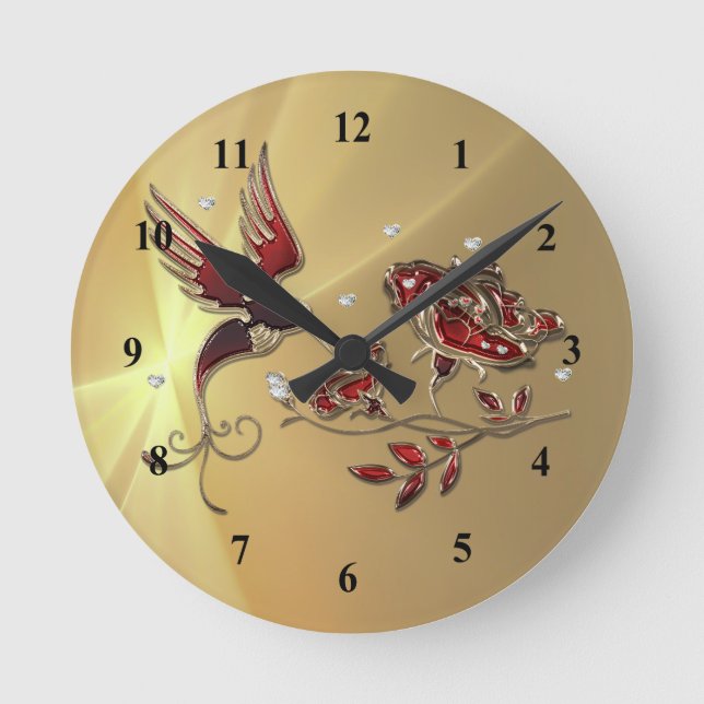 Horloge Ronde Élégant colibri rouge floral (Recto)