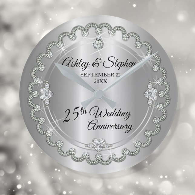Horloge Ronde Élégant Diamants d'argent 25e anniversaire Mariage (Créateur téléchargé)