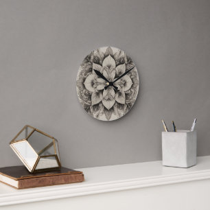 Horloge Ronde Élégant floral noir et blanc