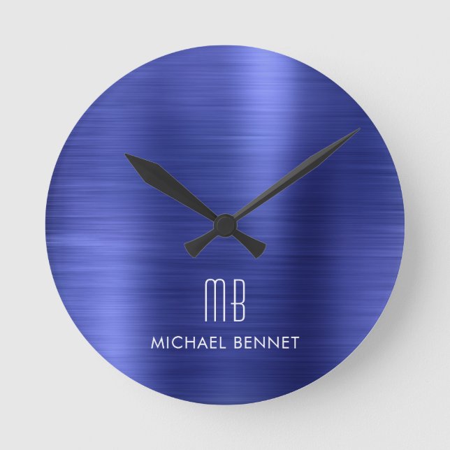 Horloge Ronde Élégant Monogramme Marine Bleu Brossé Métal (Recto)