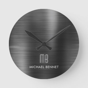 Horloge Ronde Élégant Monogrammé Métal Brossé Noir