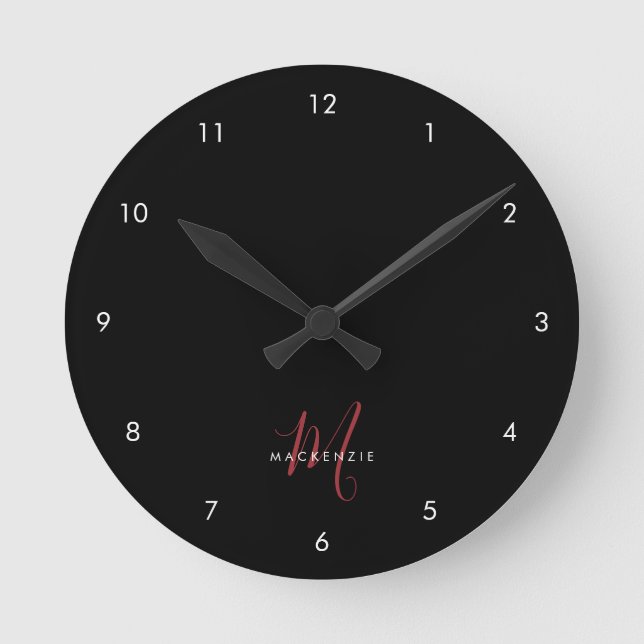 Horloge Ronde Élégant Monogramme moderne noir rouge (Recto)