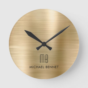 Horloge Ronde Élégant Monogramme Or Brossé Métallique