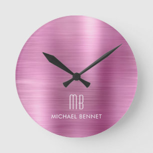 Horloge Ronde Élégant Monogramme rose brossé métal