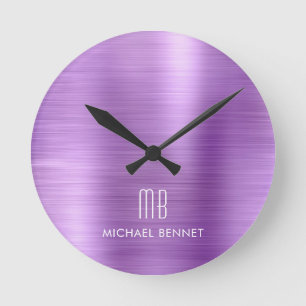 Horloge Ronde Élégant Monogramme violet brossé métal