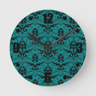 Horloge Ronde Elégant motif Turquoise noir profond Damas
