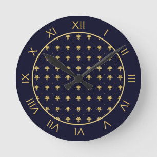 Horloge Ronde Elegant Navy Blue et Gold Damask