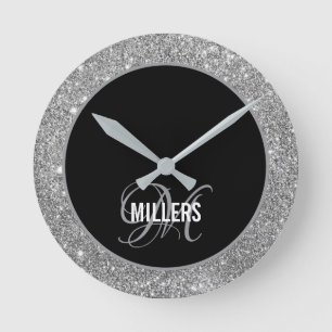 Horloge Ronde Élégant noir argent parties scintillant monogramme