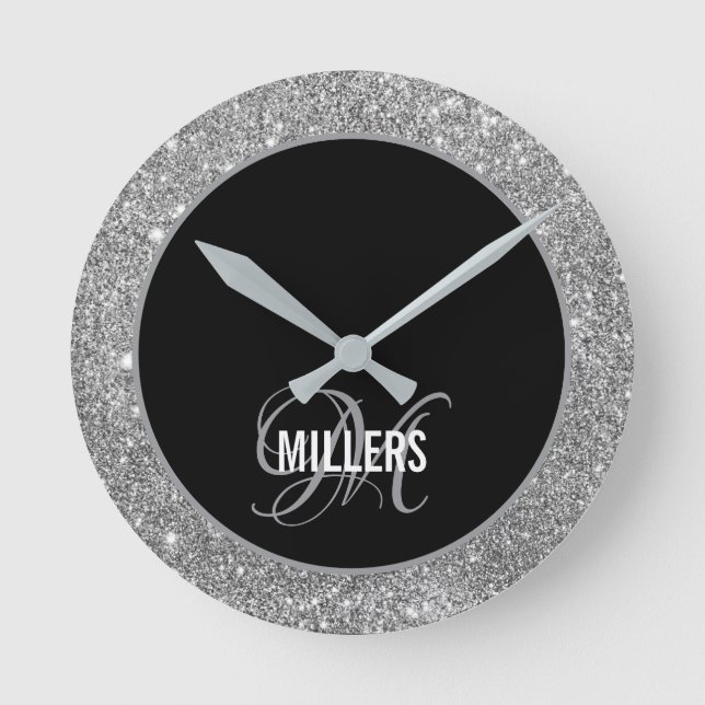 Horloge Ronde Élégant noir argent parties scintillant monogramme (Recto)