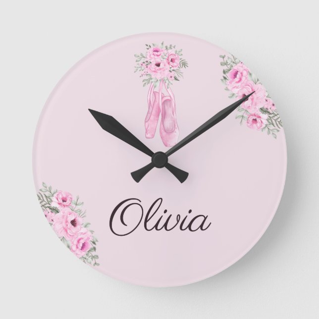 Horloge Ronde Élégant rose floral Ballerina Nom personnalisé (Recto)