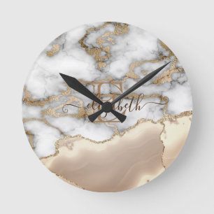 Horloge Ronde Élégant style doré pailleté crème marbre monogramm