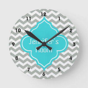Horloge Ronde Elégant, tendance, moderne, gris, chevron bleu aq