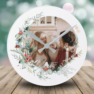 Horloge Ronde Elégante aquarelle photo de couronne de Noël Round