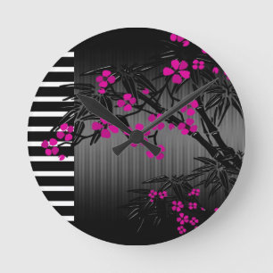 Horloge Ronde Élégante Fleur Rose Noire Bamboo Asiatique