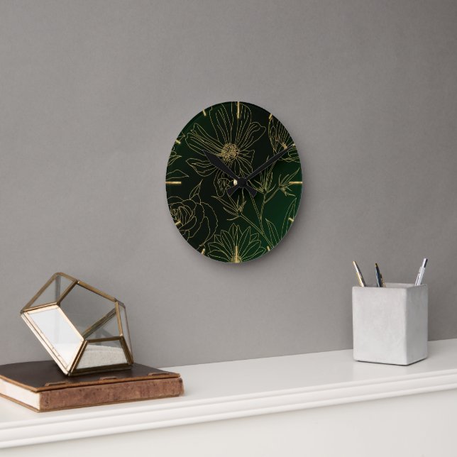 Horloge Ronde Élégante Fleurs vertes en or Botanique (Bureau)
