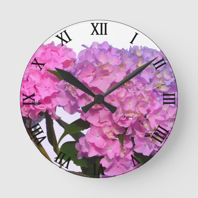 Horloge Ronde Elégante florales violettes roses hydrangées (Recto)