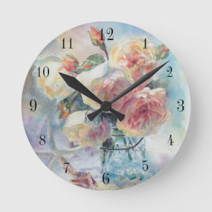 Horloge Ronde Elégante rose jaune Aquarelle Peinture Black Dial