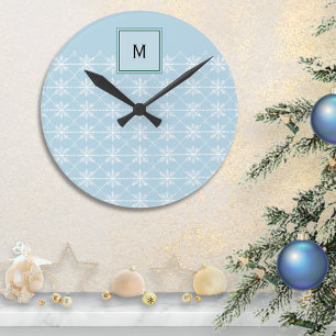 Horloge Ronde Élégantes Flocons de Neige Hivernaux Bleus avec Mo