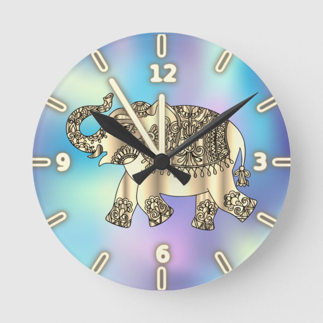 Horloge Ronde Eléphant Floral Paisley Or, Holographique Bleu (Recto)