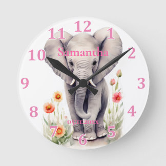 Horloge Ronde Éléphanteau Mignon Pastel Aquarelle Fleur de Print