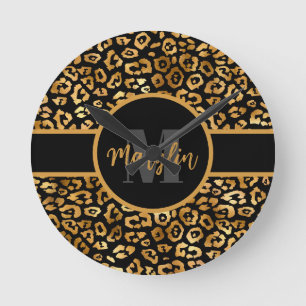 HORLOGE RONDE EMPREINTE DE LÉOPARD TENDANCE NOIR ET OR
