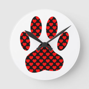 Horloge Ronde Empreinte de patte de chien avec les coeurs