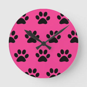 Horloge Ronde empreinte de patte Motif noir rose mignon élégan