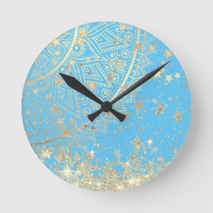 Horloge Ronde Enchanting Mandala with Gold Stars on Turquoise 