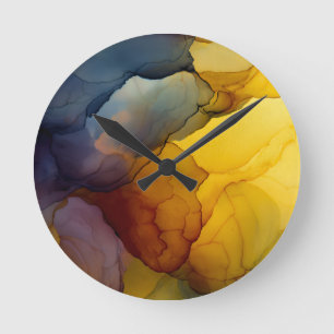 Horloge Ronde Encre à alcool coulante abstraite ambre indigo