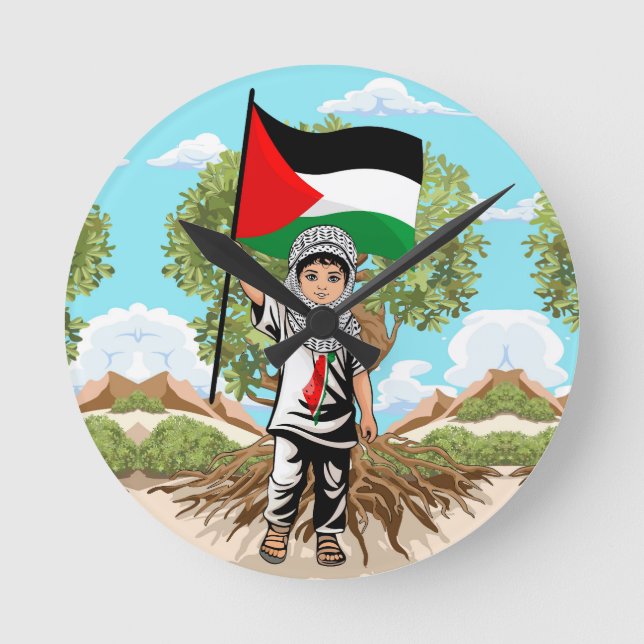 Horloge Ronde Enfant avec Keffiyeh Palestine Drapeau et olivier (Recto)