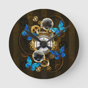 Horloge Ronde Engrenages à vapeur et papillons bleus