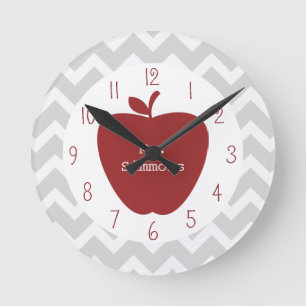 Horloge Ronde Enseignant Grey Chevron & Red Apple