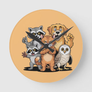 Horloge Ronde Équipe d'amis animaux de dessin animé Illustration