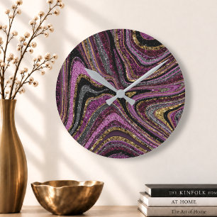 Horloge Ronde Étincelle Glam Paillettes fille marbre art rose