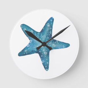 Horloge Ronde Étoile de mer bleue aquarelle nautique