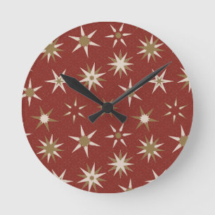Horloge Ronde Etoiles de Noël Gold Geo - sur motif rouge.