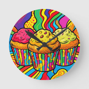 Horloge Ronde Explosion de cupcakes arc-en-ciel Pop Art