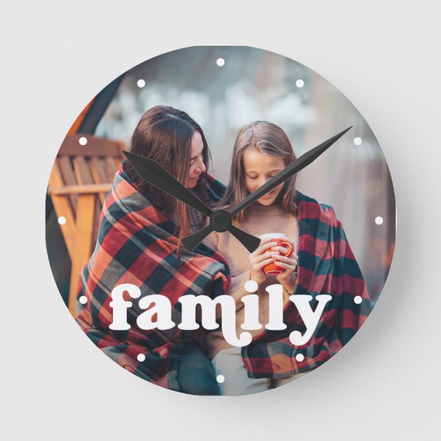 Horloge Ronde Famille | Boho Texte superposé avec votre photo (Recto)