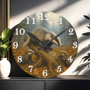 Horloge Ronde Famille de blaireaux dans des bois brumeux