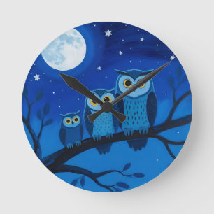 Horloge Ronde Famille de hiboux sous la lune