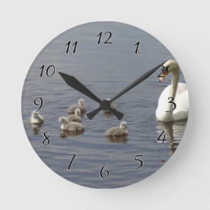 Horloge Ronde Famille Swan avec maman et canetons ou cygnets