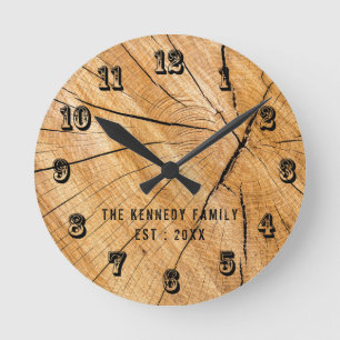 Horloge Ronde Farmhouse Country Style Family Name Tree Trunk