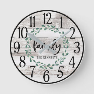 Horloge Ronde Farmhouse Wreath Family Nom Custom Clock