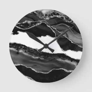 Horloge Ronde Fausse Agate Marbrée Noir Blanc Pierre Moderne Ten