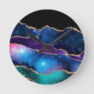 Horloge Ronde Faux Agate Marbré Pierre Galaxie Étincelante Brill