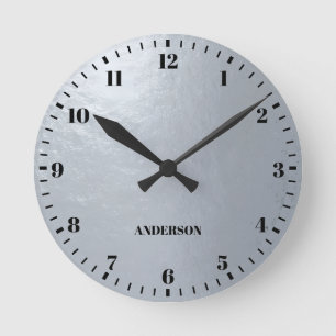 Horloge Ronde Faux argenté métallisé gris nombres nom noir