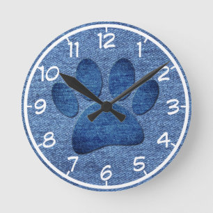 Horloge Ronde Faux Denim Jeans Empreinte de patte de chien