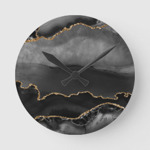 Horloge Ronde Faux Gris Marbré Agate Parties scintillant dorée P