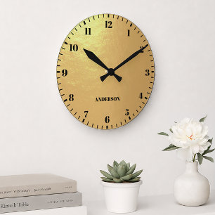 Horloge Ronde Faux papier doré Noms personnalisés en noir