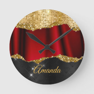 Horloge Ronde Faux Parties scintillant élégantes Red Gold noir m